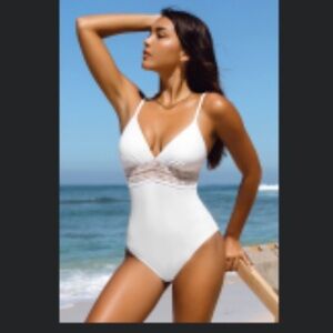 Italian Voyage Lace Ruched V-Neck One Piece Swimsuit Large